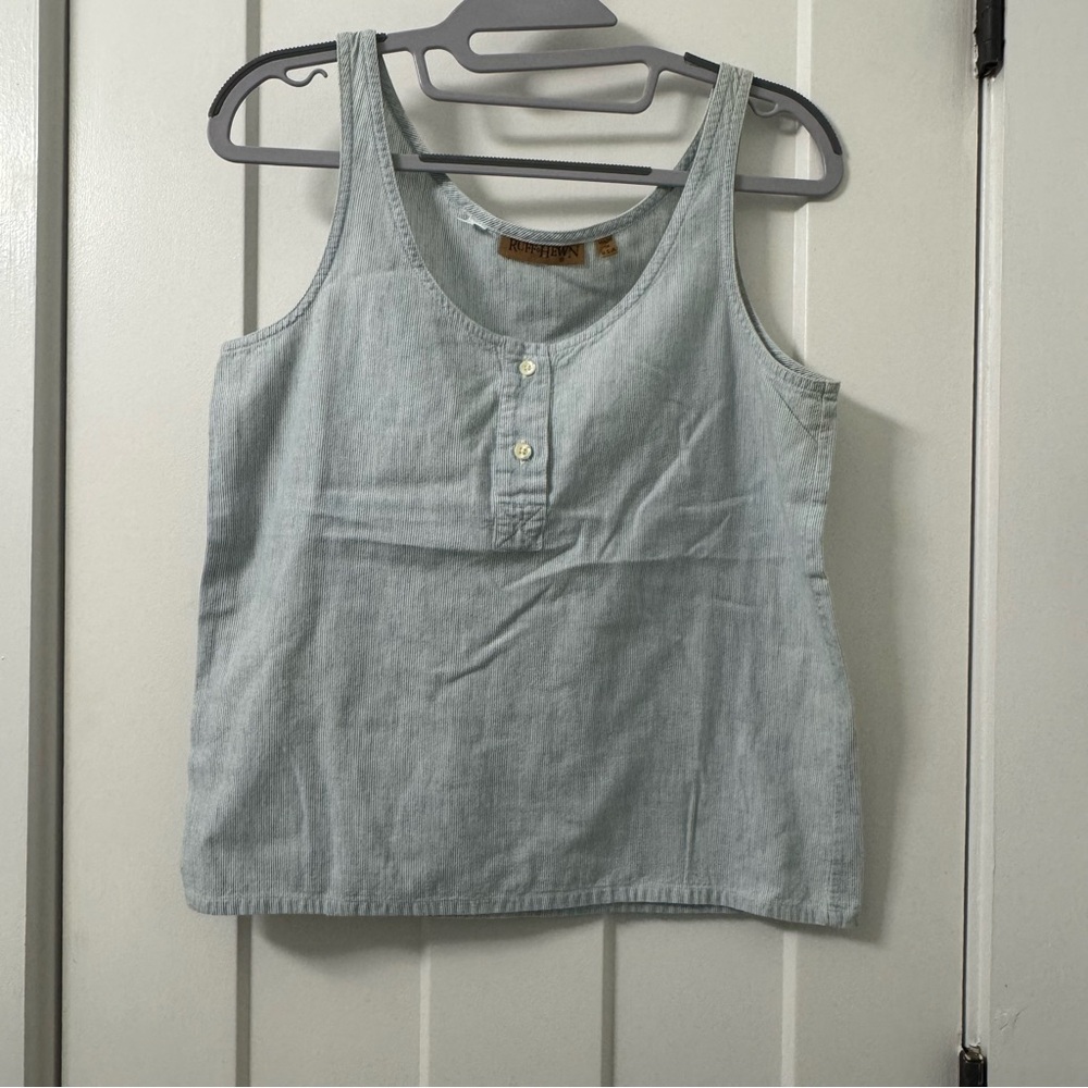 Ruff Hewn Women’s Tank Top Light Blue Striped with Two Buttons Small Made in USA